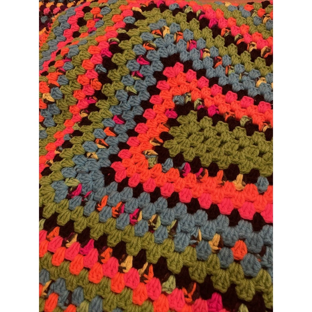 Neon Black Light Color Vintage Handmade Afghan Throw Retro Granny Square Crochet